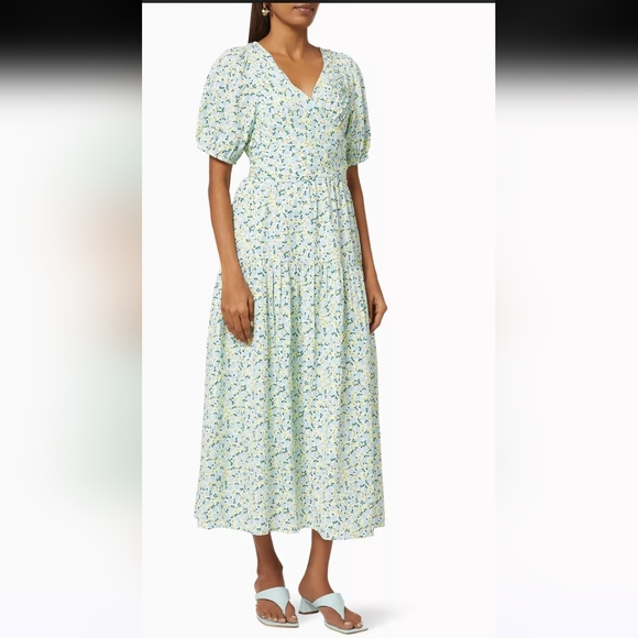 EUC Y.A.S cotton tie waist midi dress in mint Floral Puff Sleeve Size M - Picture 2 of 14